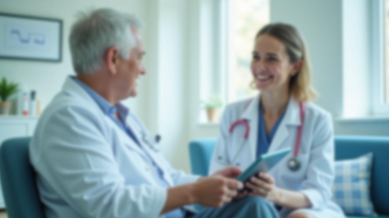 A diverse female doctor in a white coat communicating warmly with an elderly patient