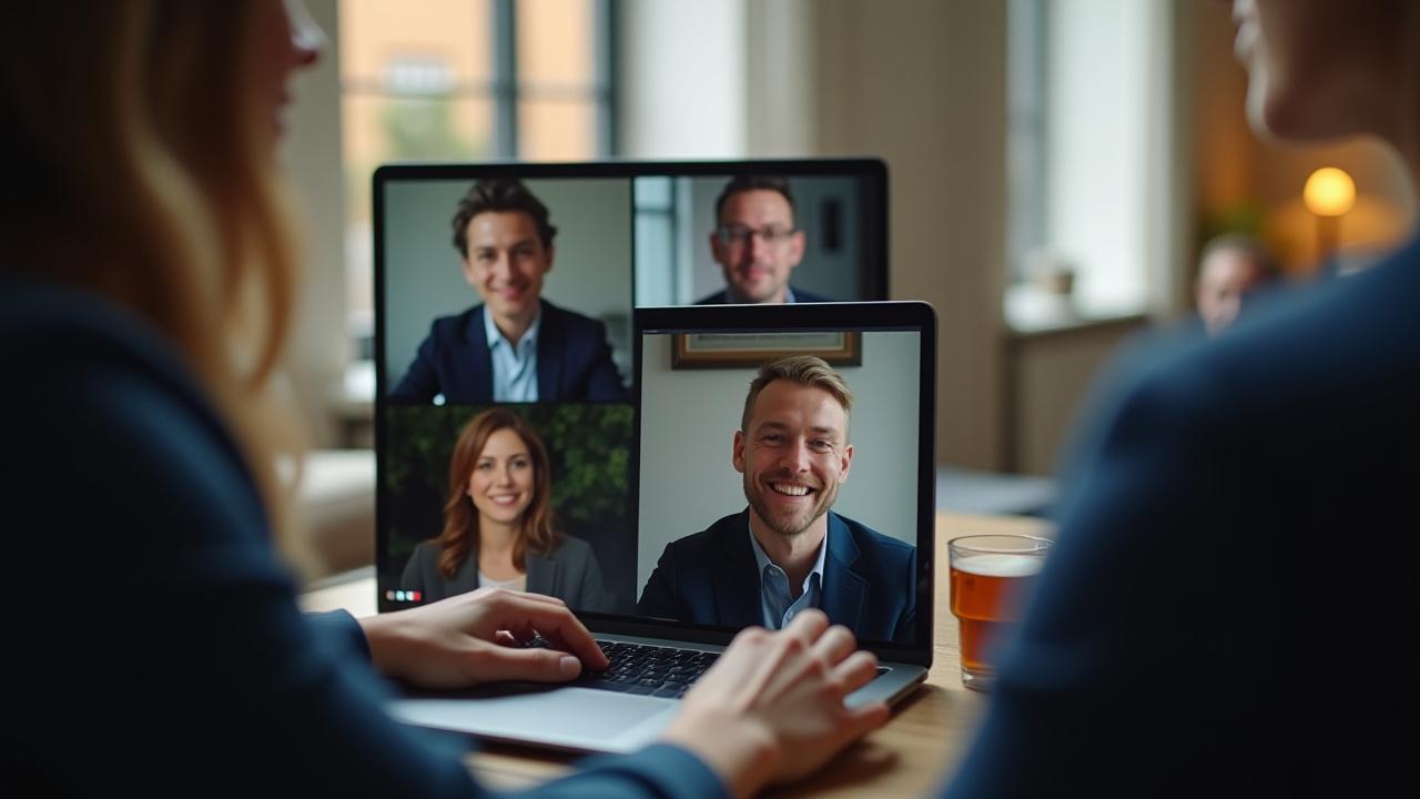 Diverse group of adult learners engaging in a vibrant online English class via video conference