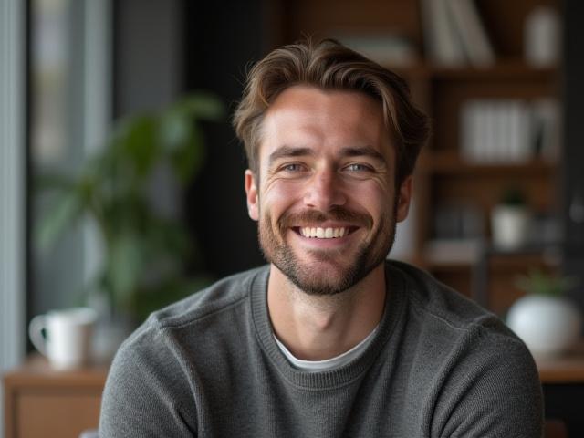 Alex P. smiling confidently in a modern home office setting